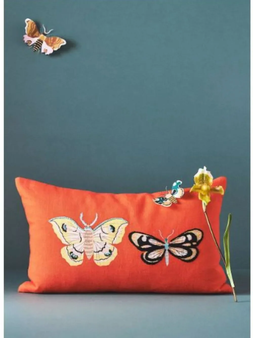Anthropologie Sarah Gordon Embroidered Pillow in Orange - Butterfly - NWOT